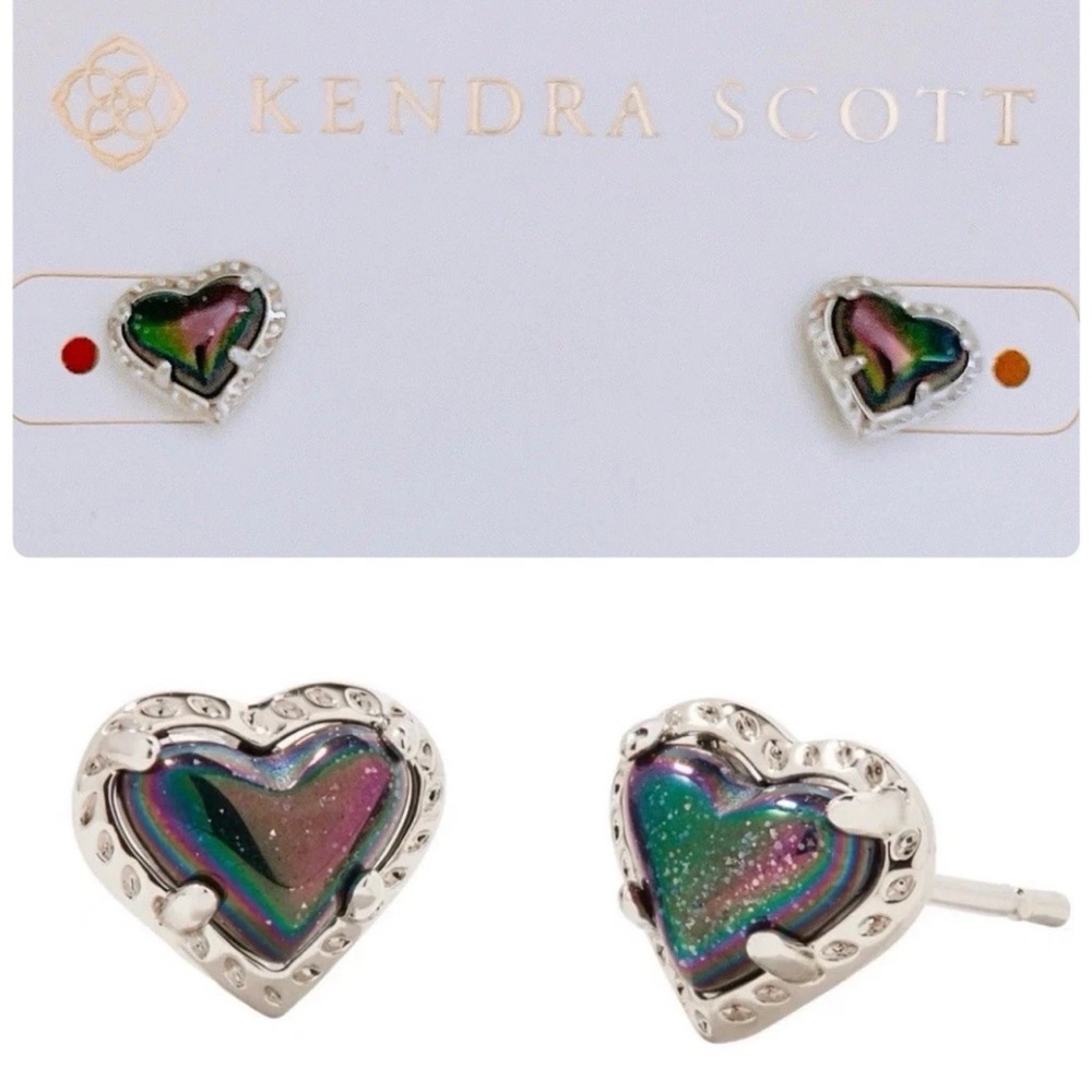 Kendra Scott Anna Heart Stud Earrings Navy Iridescent Rhodium Silver Tone NWT - Picture 4 of 7
